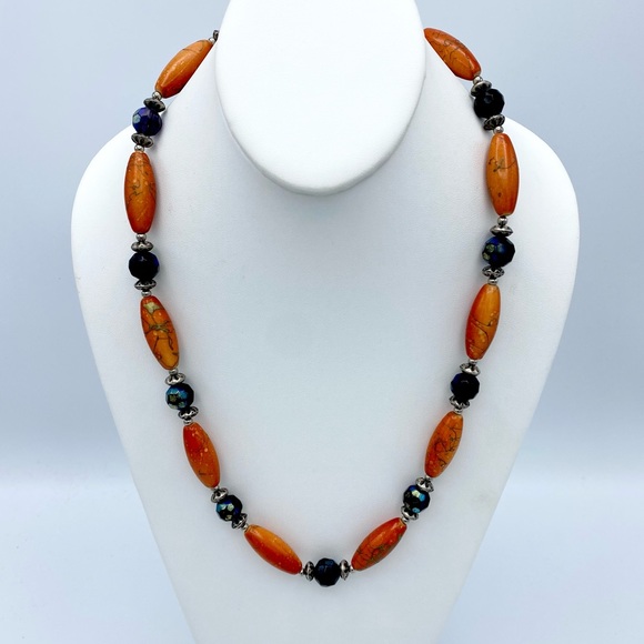 Artisan Handcrafted Orange Silver Tone & Peacock Aurora Borealis Beaded Necklace - Picture 9 of 10